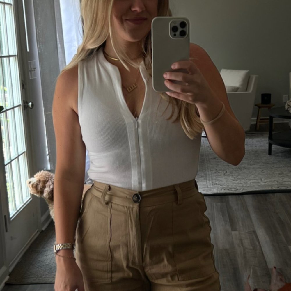 Abercrombie & Fitch White Ribbed Zip-Front Bodysuit